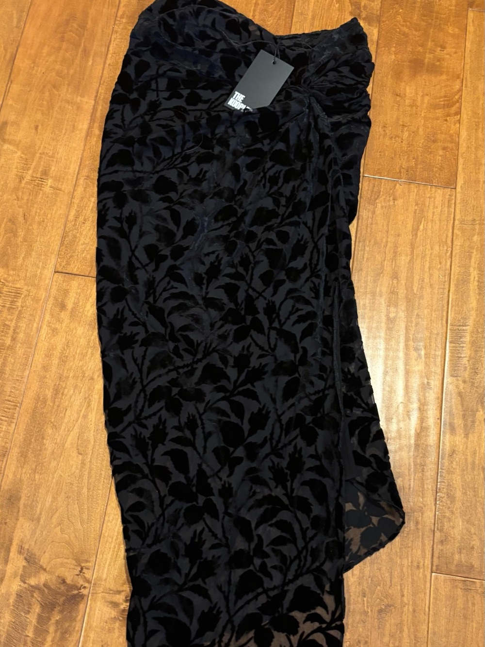 The Kooples Black Velvet Burnout Ruched Maxi Skirt Sz 0 NWT Statement Piece